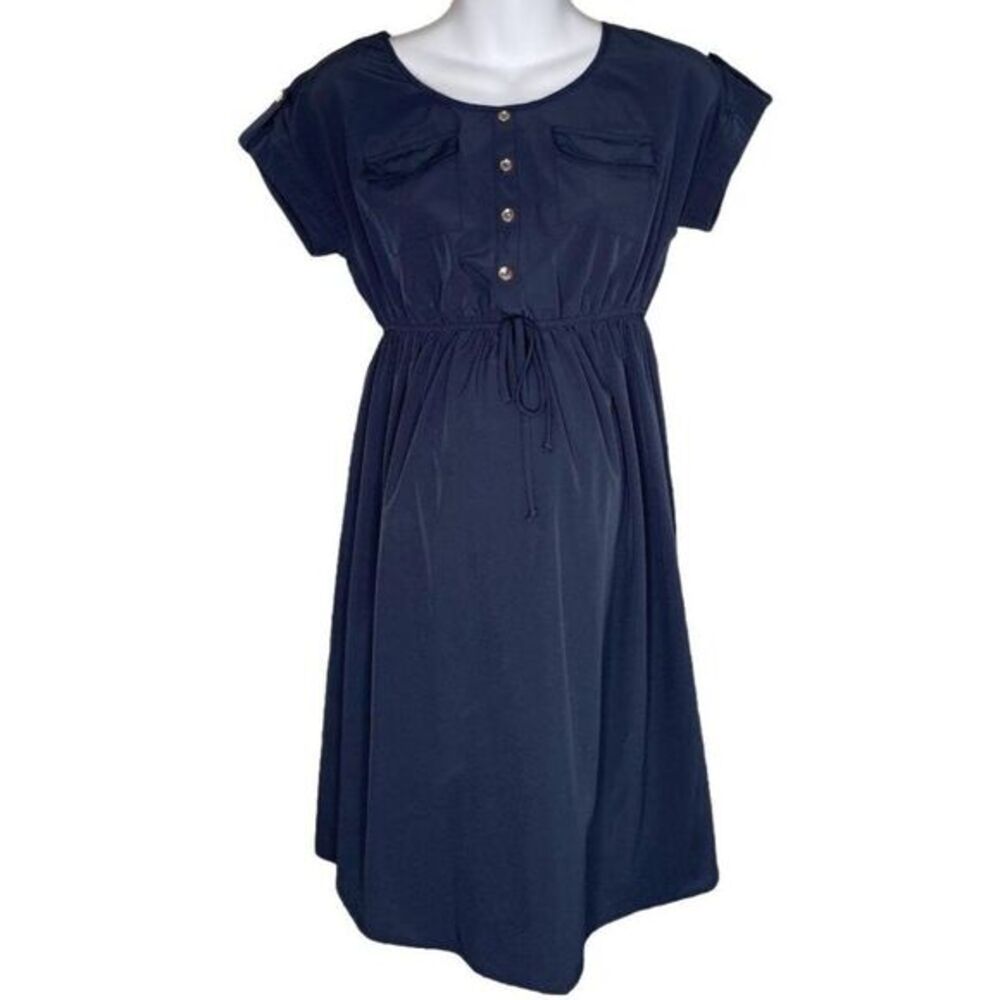Rhapsody Maternity Dress Women's SMALL Navy Blue Empire Waist Front-TiePockets‎